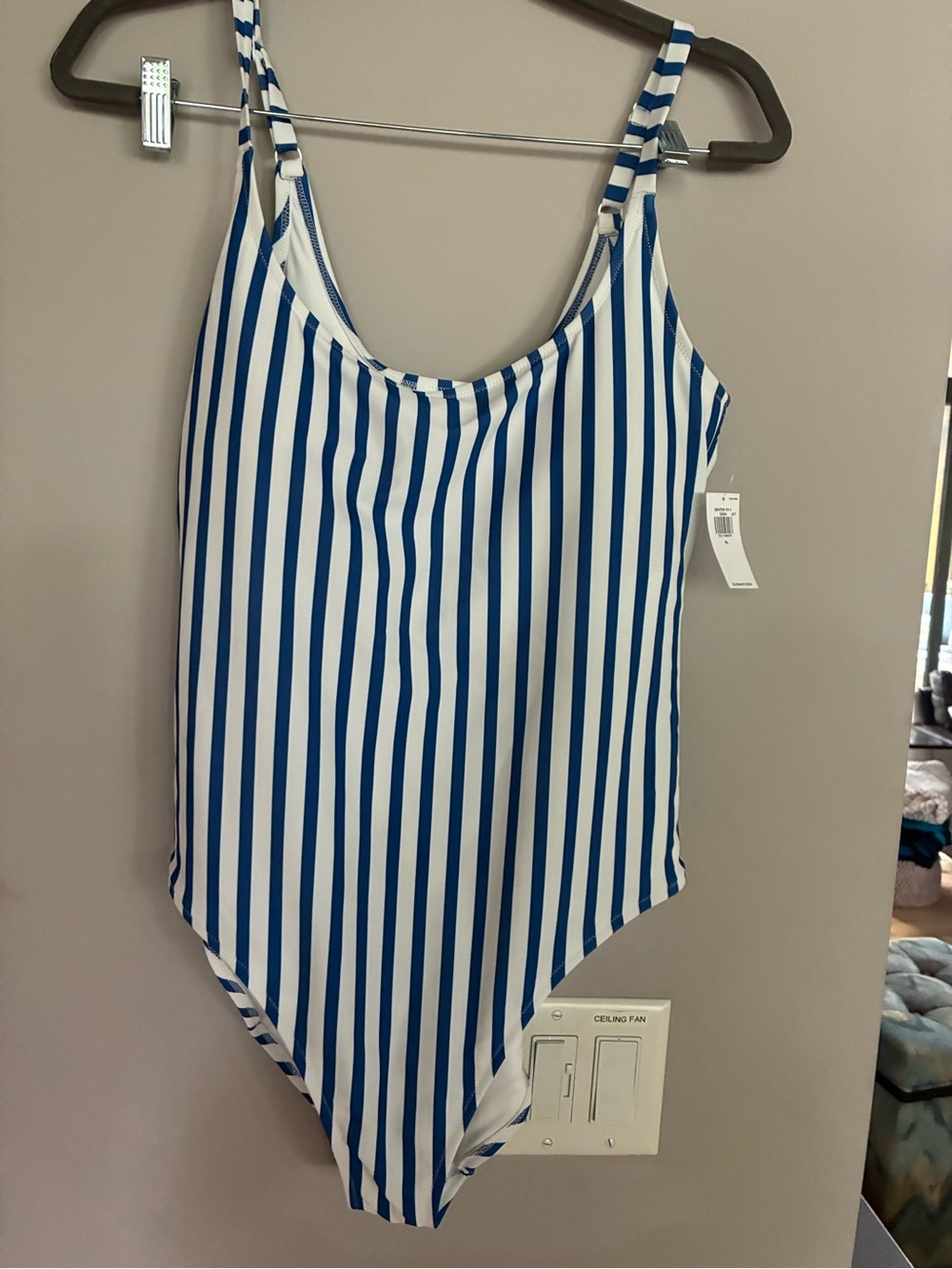 Old Bright Navy Blue and White Vertical Stripe  One-Piece Swimsuit. NWT XL